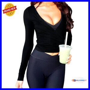Long Sleeve Wrap Top Crop Slim Fit Polyester Stretch Yoga Pilates